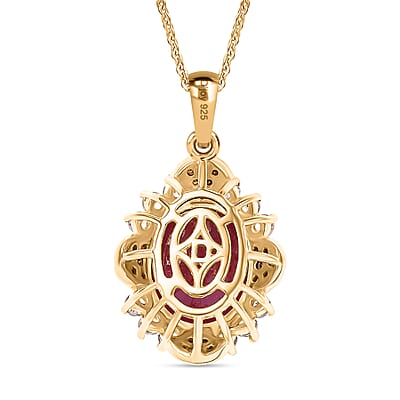 D'Joy African Ruby (FF), White Zircon and Red Diamond 7.65 ctw Pendant Necklace in 18K Vermeil Yellow Gold Over Sterling Silver 20 Inches 