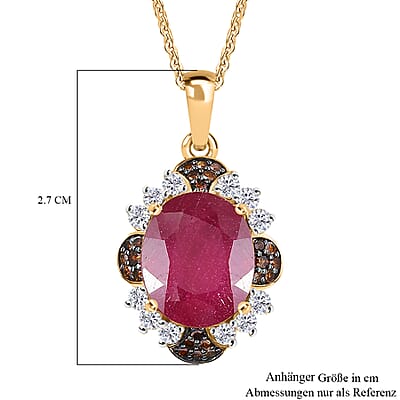 D'Joy African Ruby (FF), White Zircon and Red Diamond 7.65 ctw Pendant Necklace in 18K Vermeil Yellow Gold Over Sterling Silver 20 Inches 