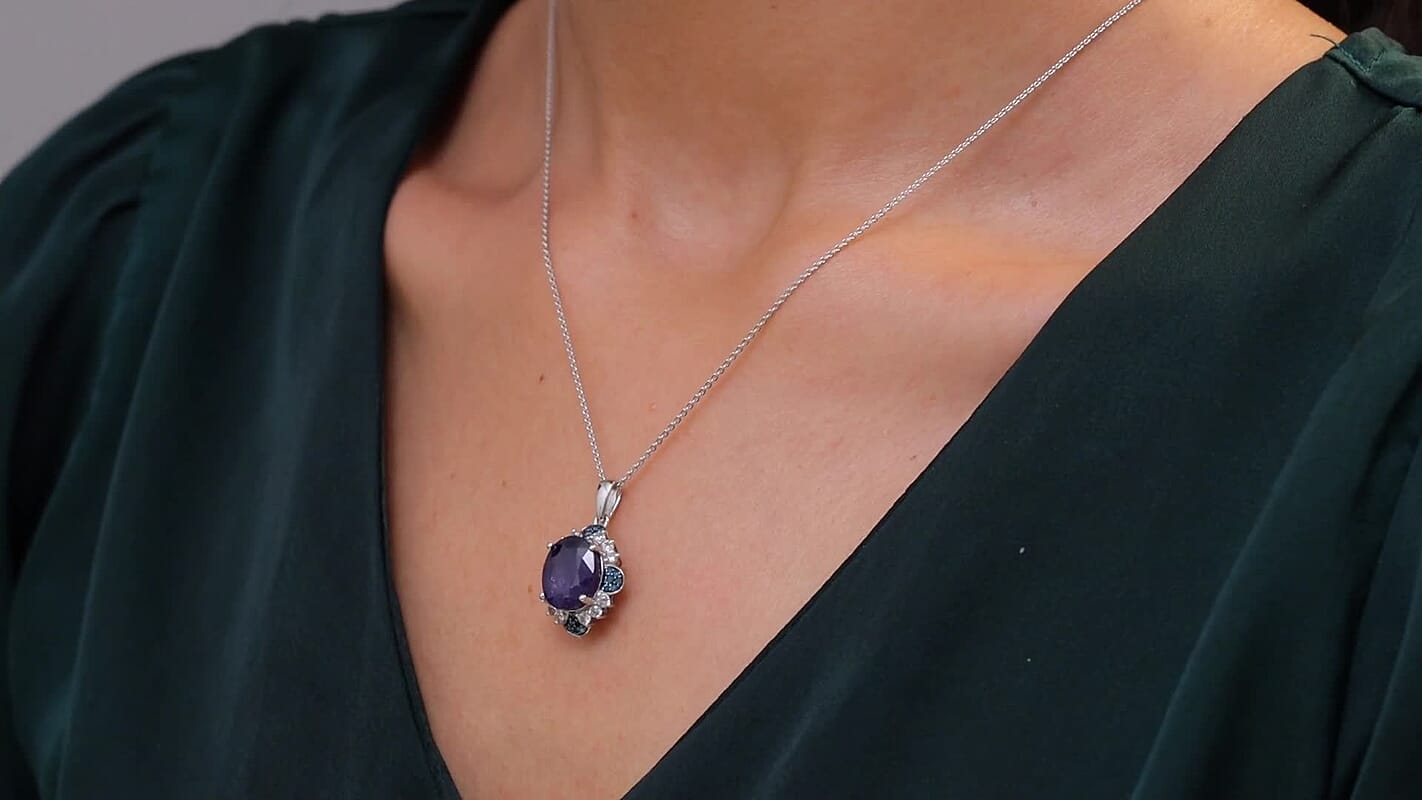 D'Joy Masoala Sapphire (D), White Zircon and Blue Diamond 7.65 ctw Pendant Necklace in Rhodium Over Sterling Silver 20 Inches