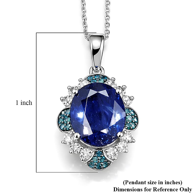 D'Joy Masoala Sapphire (D), White Zircon and Blue Diamond 7.65 ctw Pendant Necklace in Rhodium Over Sterling Silver 20 Inches 