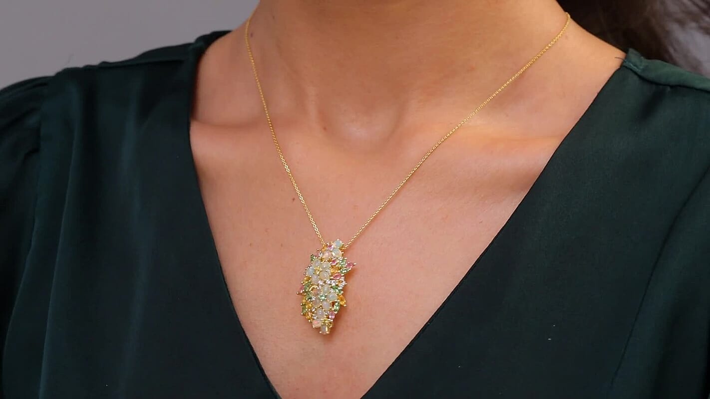 D'Joy Premium Ethiopian Welo Opal and Multi Gemstone 4.60 ctw Pendant Necklace in 18K Vermeil Yellow Gold Over Sterling Silver 20 Inches