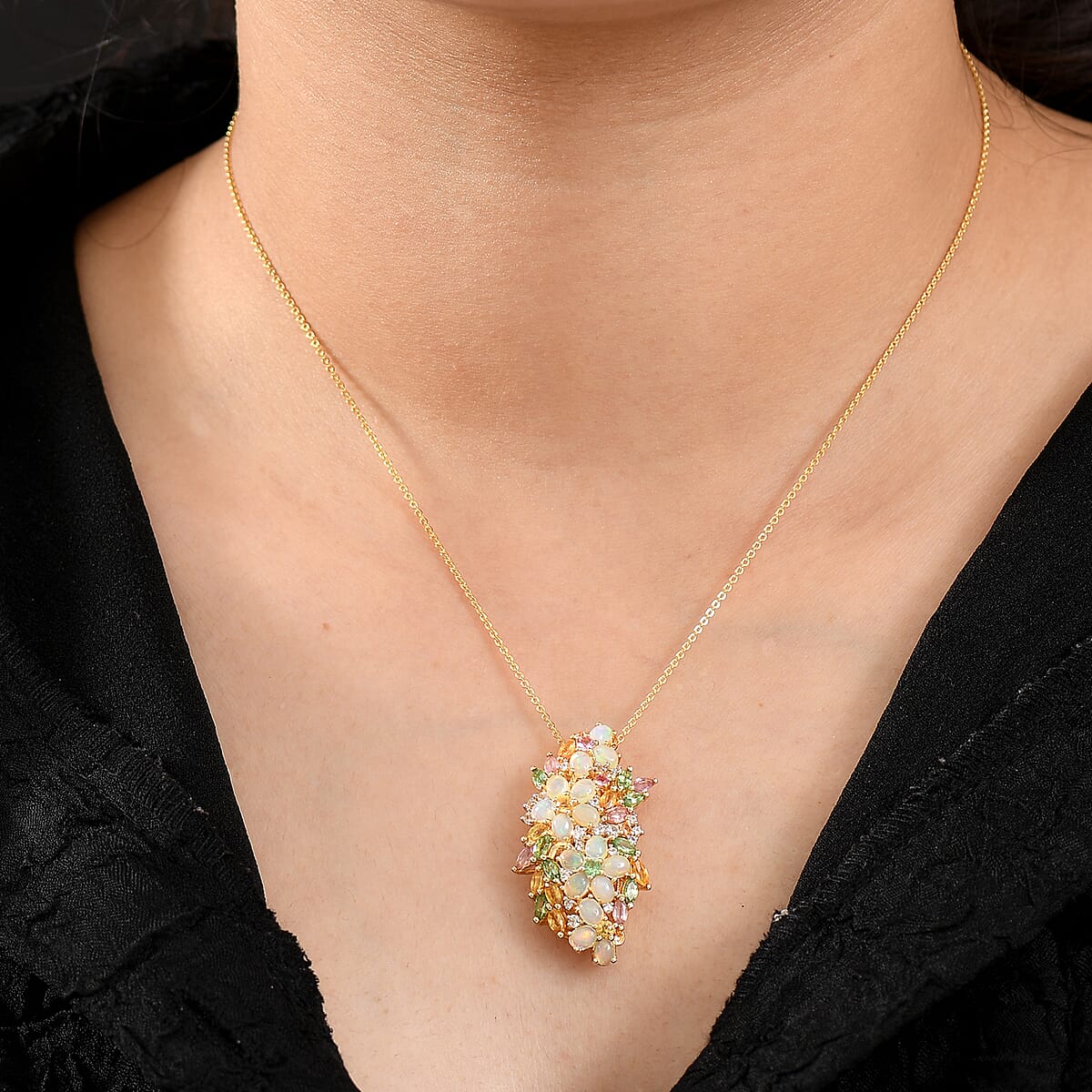 D'Joy Premium Ethiopian Welo Opal and Multi Gemstone 4.60 ctw Pendant Necklace in 18K Vermeil Yellow Gold Over Sterling Silver 20 Inches  image number 2