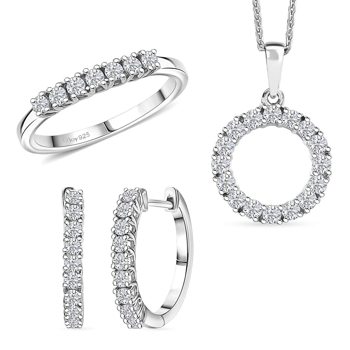 D'Joy Lab Grown Diamond I1 1.70 ctw Hoop Earrings, Ring (Size 5.0) and Circle Pendant Necklace 20 Inches in Rhodium Over Sterling Silver image number 0