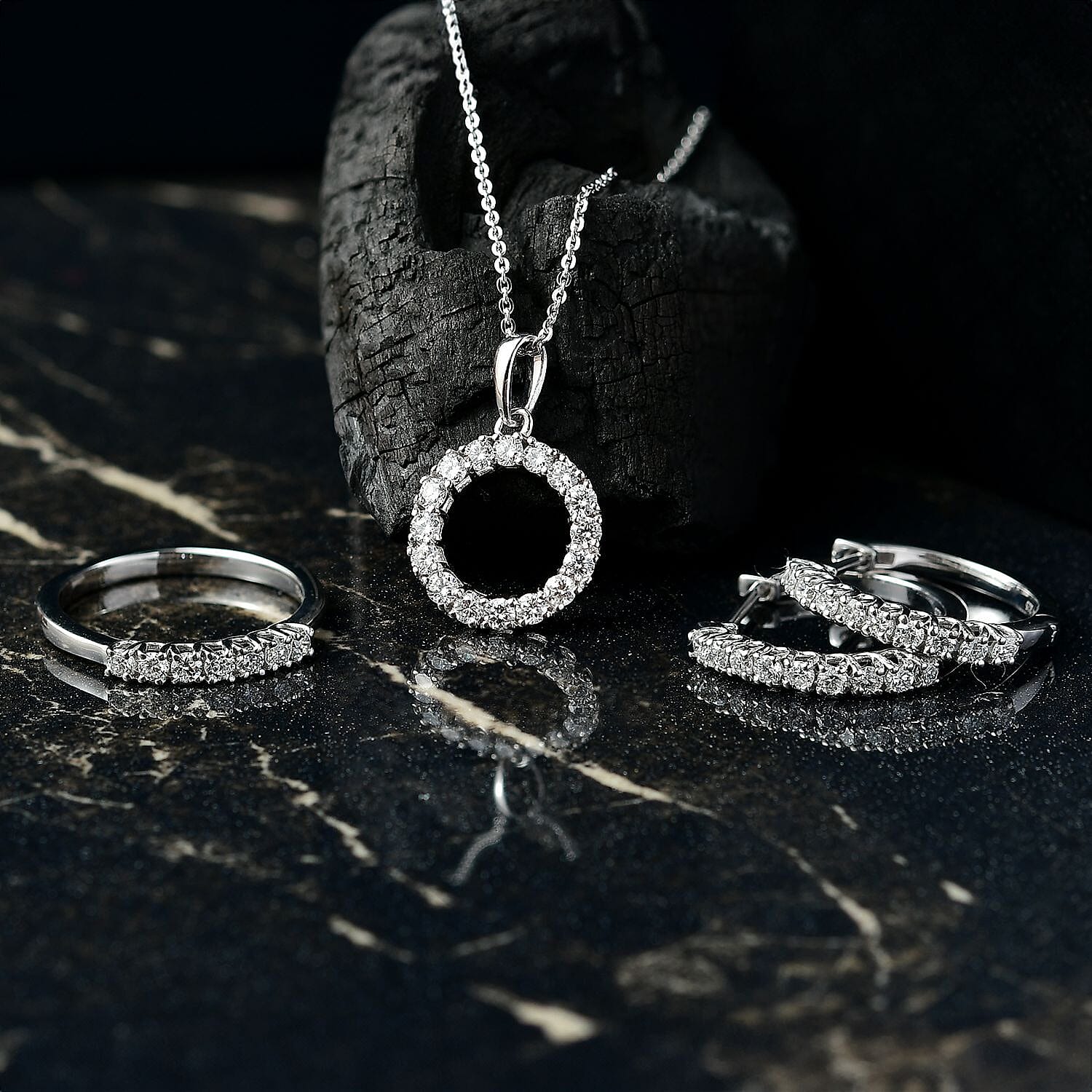 D'Joy Lab Grown Diamond 1.70 ctw Pont Du Gard Hoop Earrings, Ring (Size 5.0) and Circle Pendant Necklace 20 Inches in Rhodium Over Sterling Silver
