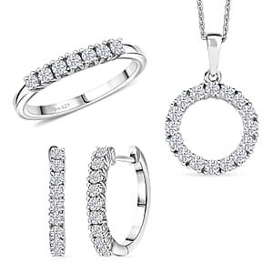D'Joy Lab Grown Diamond 1.70 ctw Pont Du Gard Hoop Earrings, Ring (Size 9.0) and Circle Pendant Necklace 20 Inches in Rhodium Over Sterling Silver