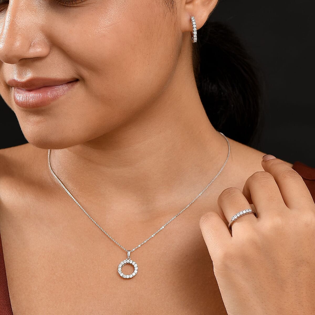 D'Joy Lab Grown Diamond 1.70 ctw Pont Du Gard Hoop Earrings, Ring (Size 9.0) and Circle Pendant Necklace 20 Inches in Rhodium Over Sterling Silver image number 2