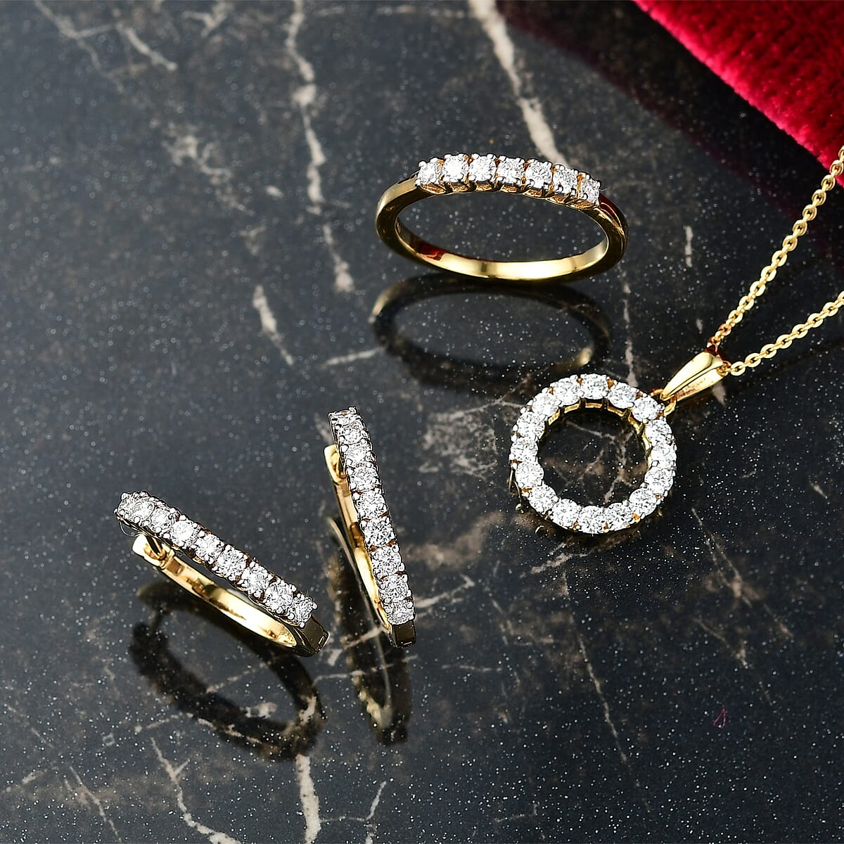 D'Joy Lab Grown Diamond 1.70 ctw Pont Du Gard Hoop Earrings, Ring (Size 7.0) and Circle Pendant Necklace 20 Inches in 18K Vermeil Yellow Gold Over Sterling Silver image number 1