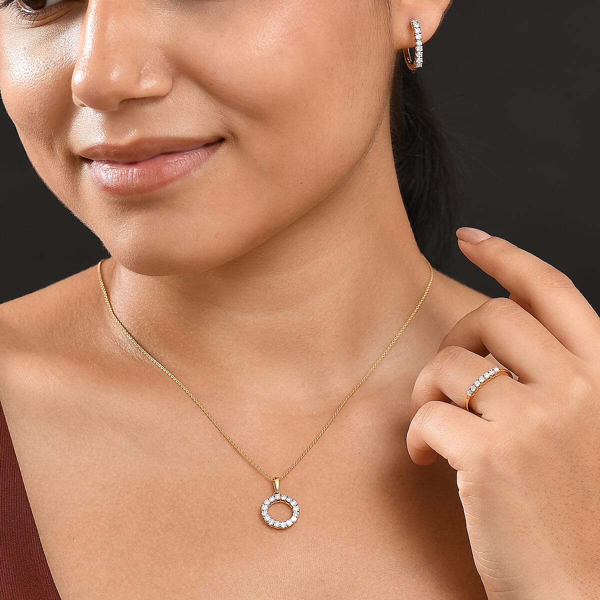 D'Joy Lab Grown Diamond 1.70 ctw Pont Du Gard Hoop Earrings, Ring (Size 8.0) and Circle Pendant Necklace 20 Inches in 18K Vermeil Yellow Gold Over Sterling Silver image number 2