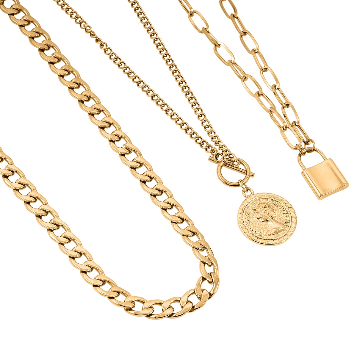 Set of 3 Curb, Cuban and Paper Clip Chain Necklace with Charm (16, 18 and 22 Inches) in ION Plated YG Stainless Steel image number 0