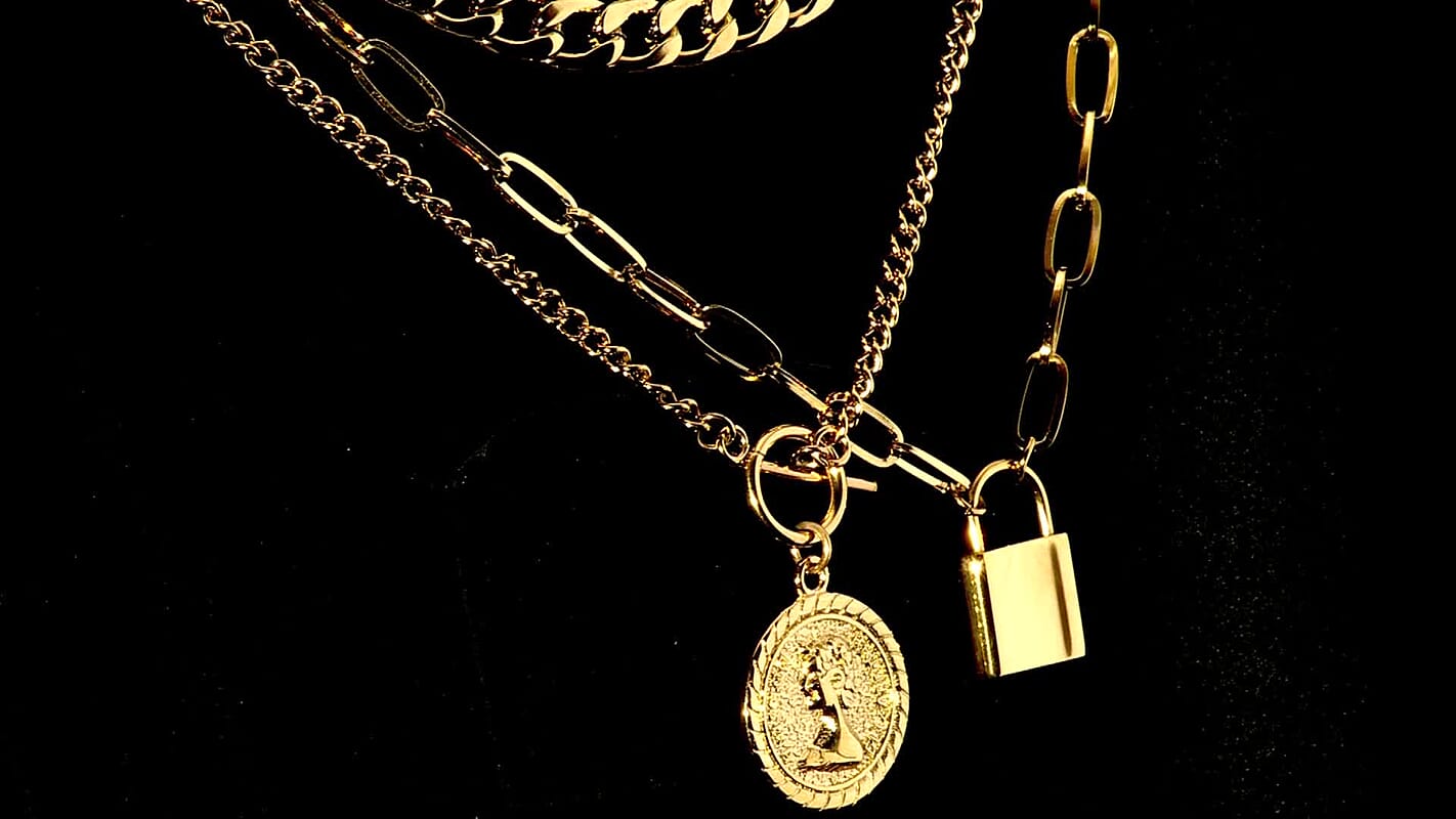 Set of 3 Curb, Cuban and Paper Clip Chain Necklace with Charm (16, 18 and 22 Inches) in ION Plated YG Stainless Steel