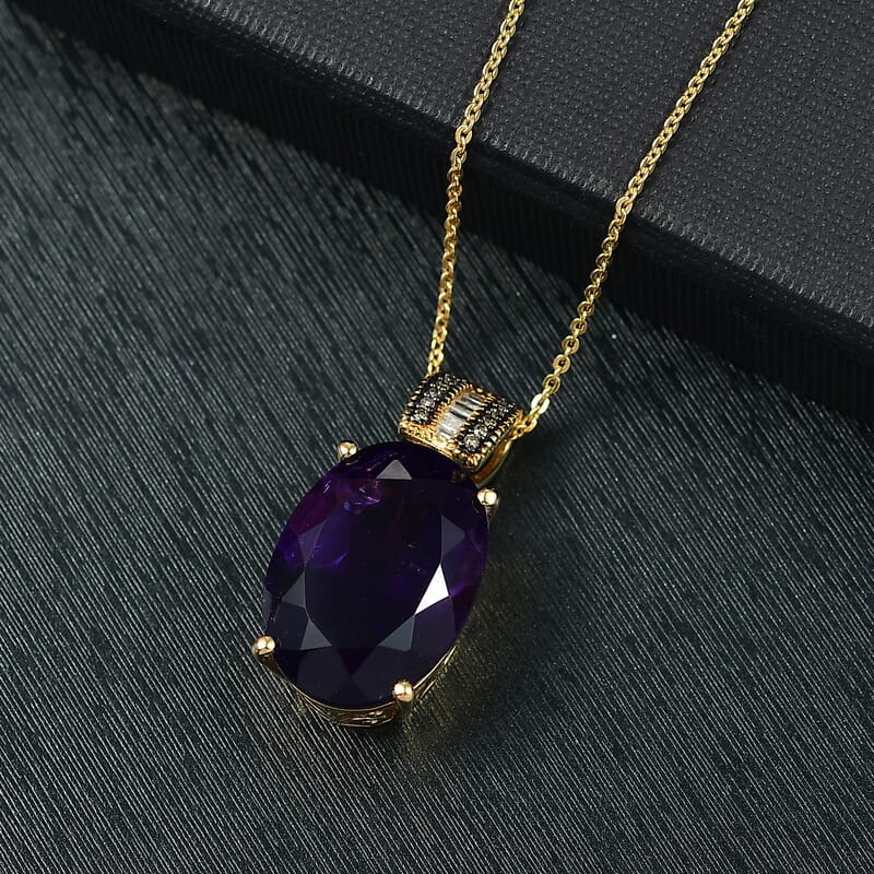D'Joy Premium African Amethyst, Natural Champagne and White Diamond 12.55 ctw Art Deco Pendant Necklace 20 Inches in 18K Vermeil Yellow Gold Over Sterling Silver 
