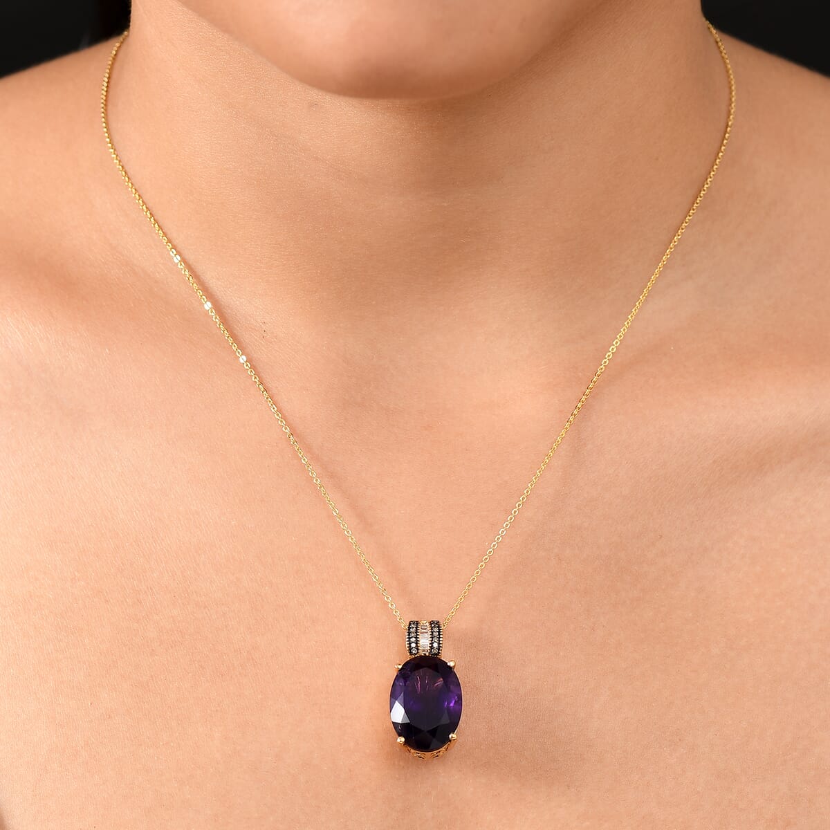 D'Joy Premium African Amethyst, Natural Champagne and White Diamond Pendant Necklace (20 Inches) in 18K Vermeil YG Over Sterling Silver 12.55 ctw image number 2