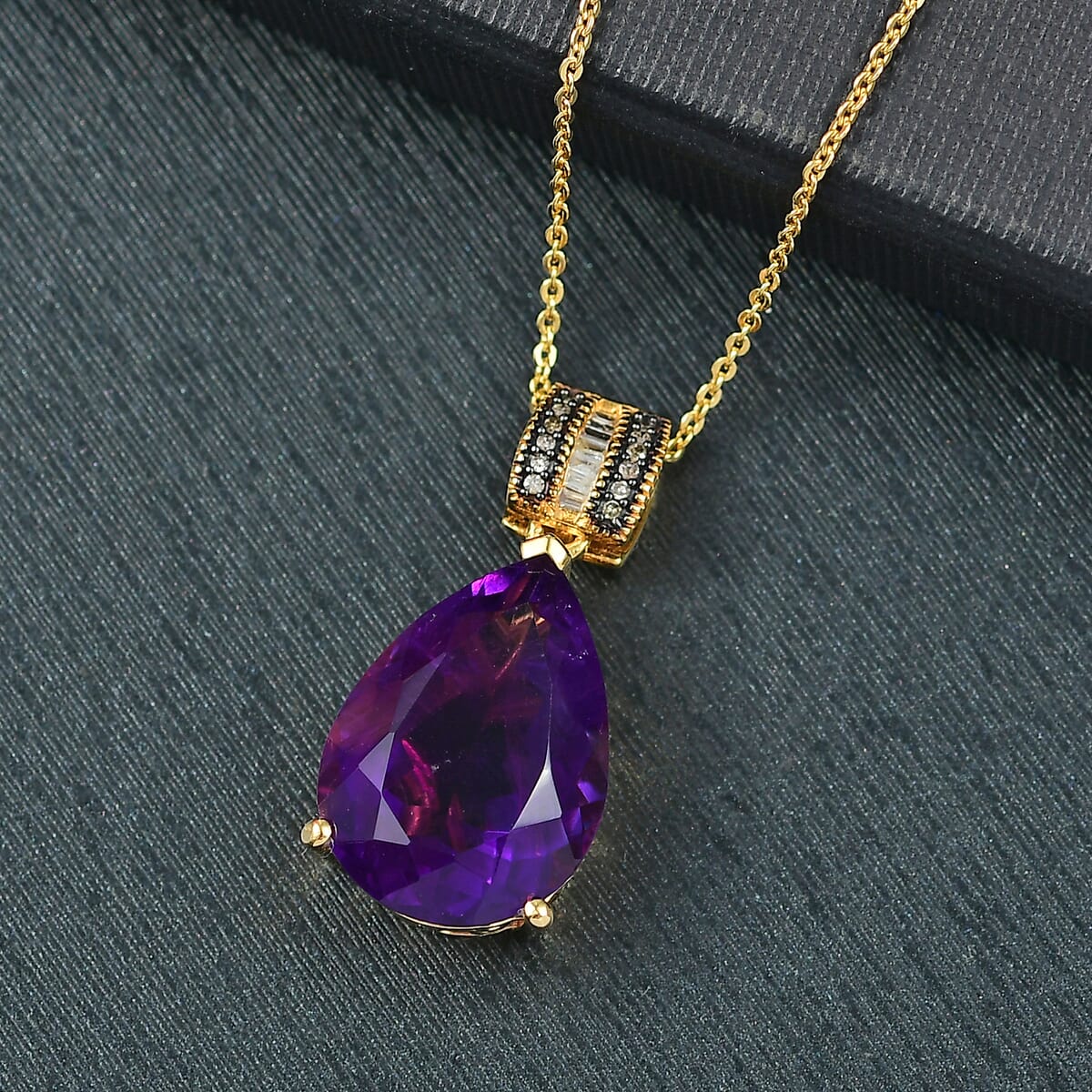 D'Joy Premium African Amethyst, Natural Champagne and White Diamond 9.30 ctw Pendant Necklace 20 Inches in 18K Vermeil Yellow Gold Over Sterling Silver  image number 1