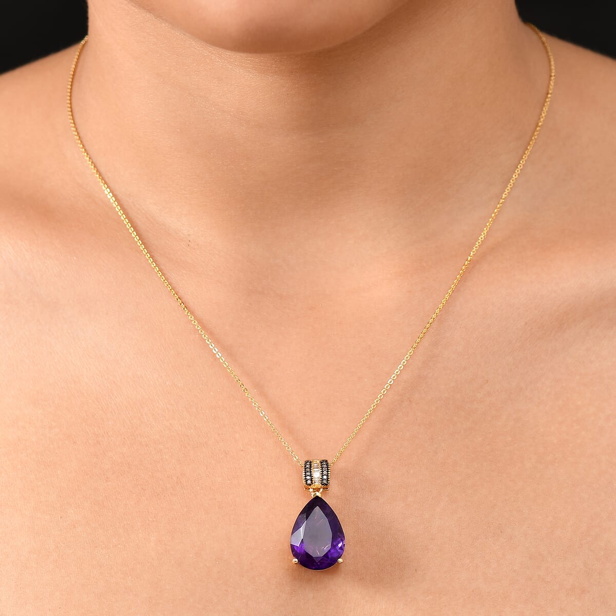 D'Joy Premium African Amethyst, Natural Champagne and White Diamond 9.30 ctw Pendant Necklace 20 Inches in 18K Vermeil Yellow Gold Over Sterling Silver  image number 2