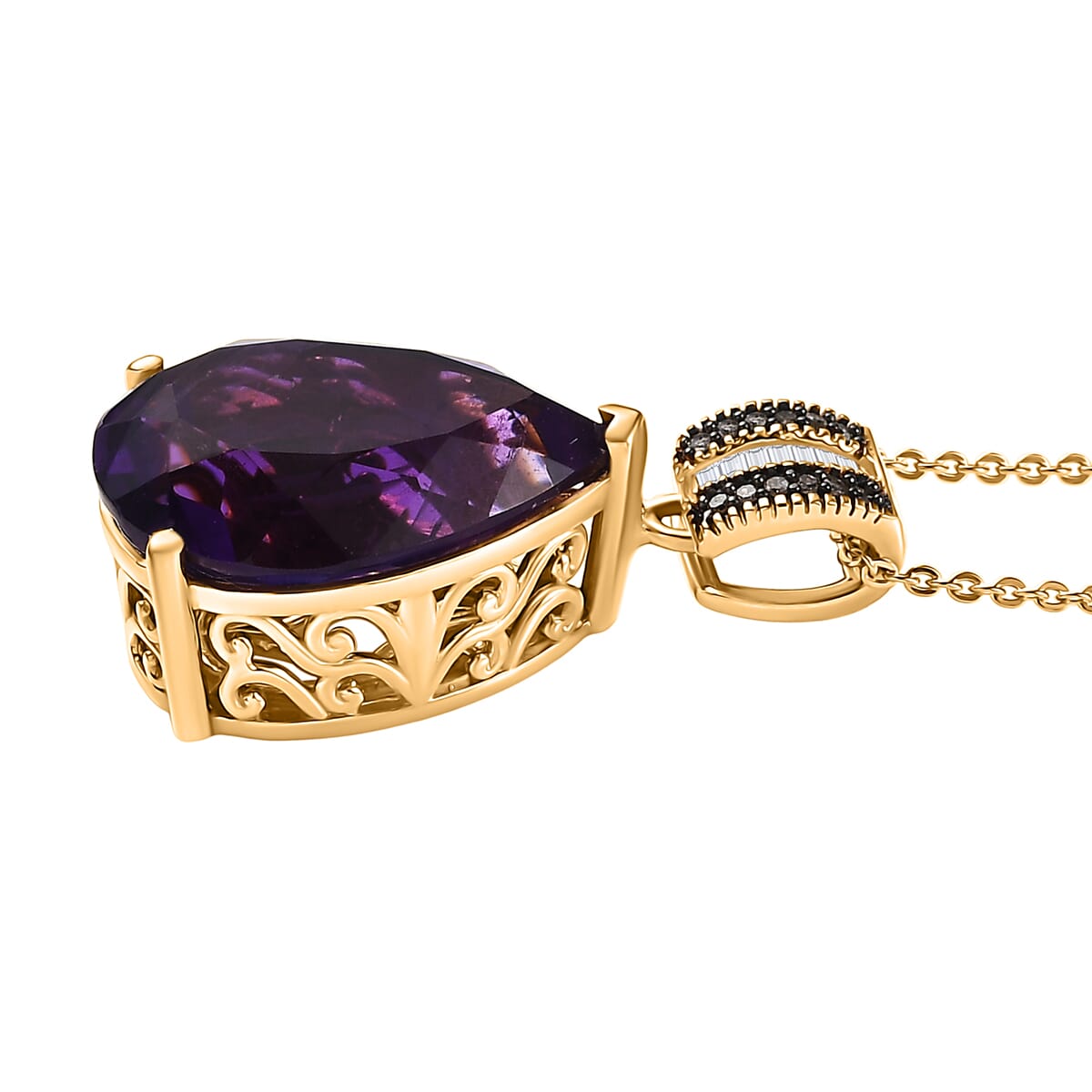 D'Joy Premium African Amethyst, Natural Champagne and White Diamond 9.30 ctw Pendant Necklace 20 Inches in 18K Vermeil Yellow Gold Over Sterling Silver  image number 3