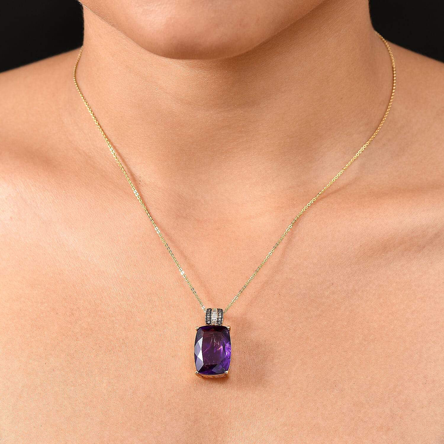 D'Joy Premium African Amethyst, Natural Champagne and White Diamond 14.00 ctw Art Deco Pendant Necklace 20 Inches in 18K Vermeil Yellow Gold Over Sterling Silver 