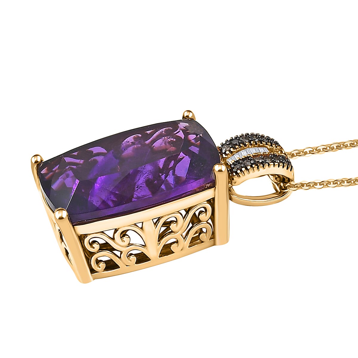 D'Joy Premium African Amethyst, Natural Champagne and White Diamond 14.00 ctw Art Deco Pendant Necklace 20 Inches in 18K Vermeil Yellow Gold Over Sterling Silver 