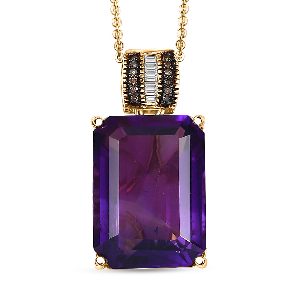 D'Joy Premium African Amethyst, Natural Champagne and White Diamond 16.50 ctw Art Deco Pendant Necklace 20 Inches in 18K Vermeil Yellow Gold Over Sterling Silver  image number 0