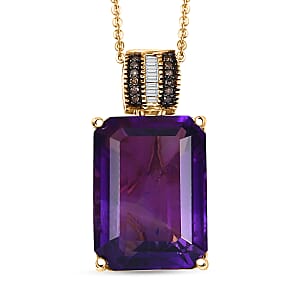 D'Joy Premium African Amethyst, Natural Champagne and White Diamond 16.50 ctw Art Deco Pendant Necklace 20 Inches in 18K Vermeil Yellow Gold Over Sterling Silver 