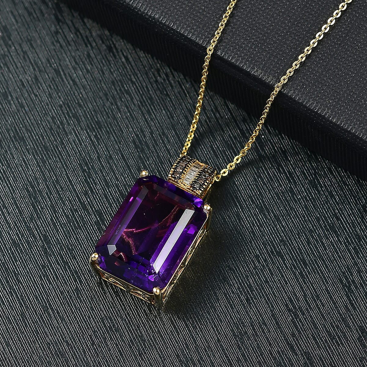 D'Joy Premium African Amethyst, Natural Champagne and White Diamond 16.50 ctw Art Deco Pendant Necklace 20 Inches in 18K Vermeil Yellow Gold Over Sterling Silver  image number 1