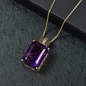 D'Joy Premium African Amethyst, Natural Champagne and White Diamond 16.50 ctw Art Deco Pendant Necklace 20 Inches in 18K Vermeil Yellow Gold Over Sterling Silver 