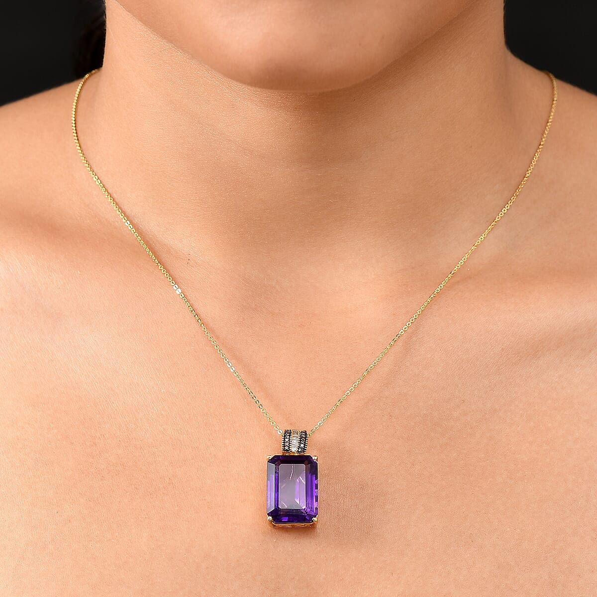D'Joy Premium African Amethyst, Natural Champagne and White Diamond 16.50 ctw Art Deco Pendant Necklace 20 Inches in 18K Vermeil Yellow Gold Over Sterling Silver  image number 2