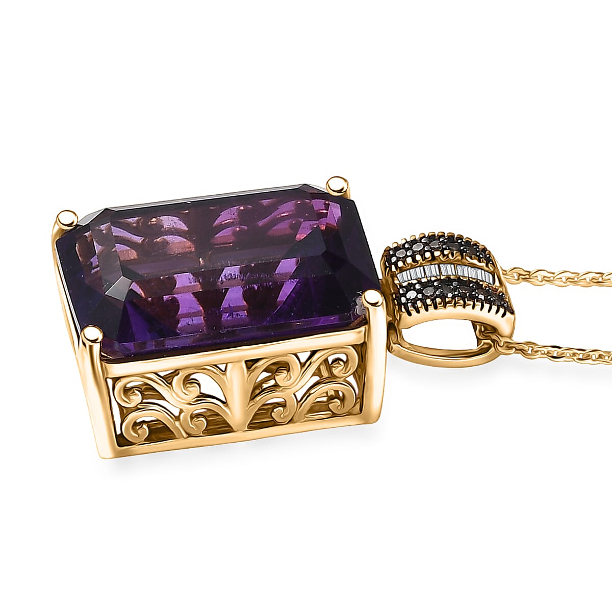 D'Joy Premium African Amethyst, Natural Champagne and White Diamond 16.50 ctw Art Deco Pendant Necklace 20 Inches in 18K Vermeil Yellow Gold Over Sterling Silver  image number 3
