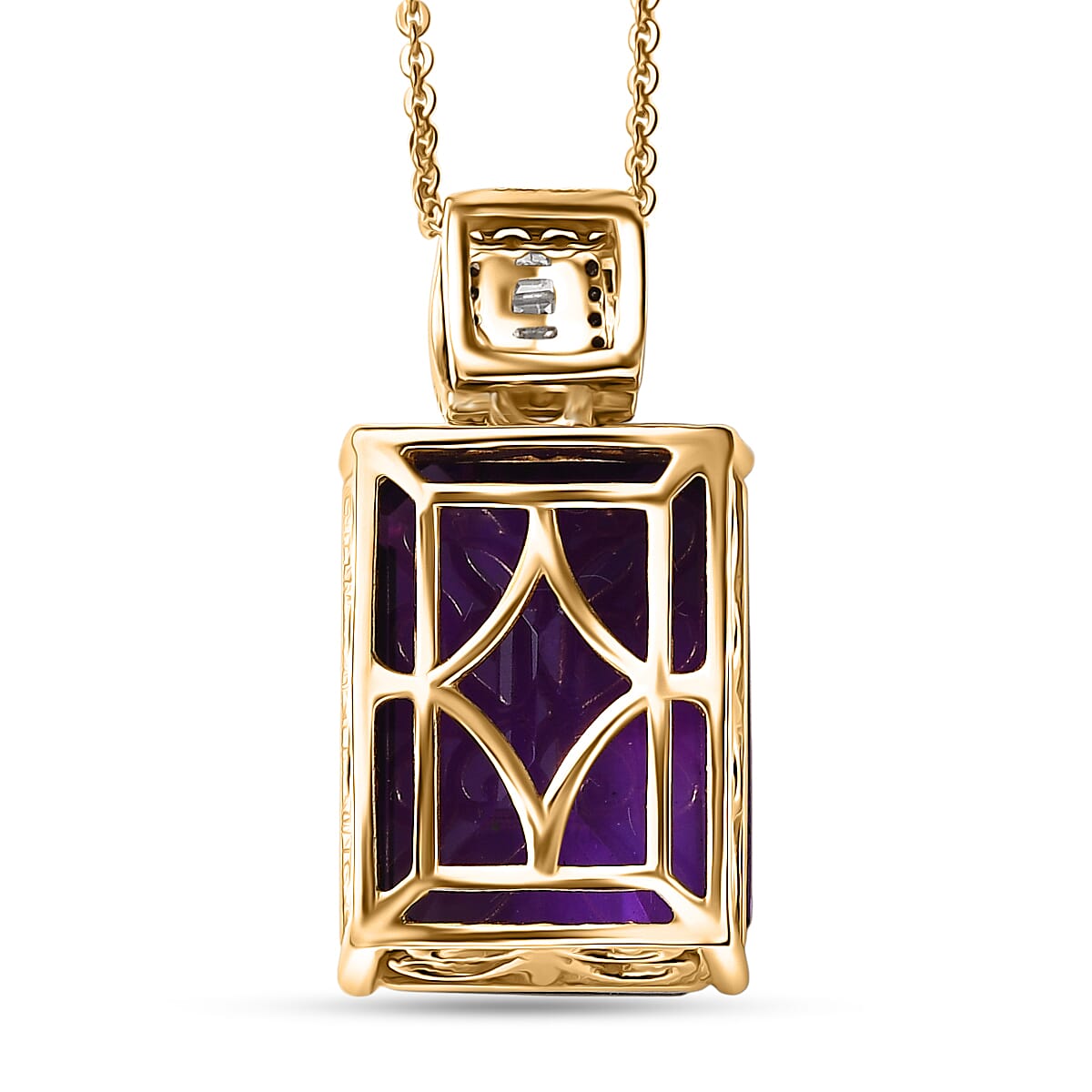 D'Joy Premium African Amethyst, Natural Champagne and White Diamond 16.50 ctw Art Deco Pendant Necklace 20 Inches in 18K Vermeil Yellow Gold Over Sterling Silver  image number 4