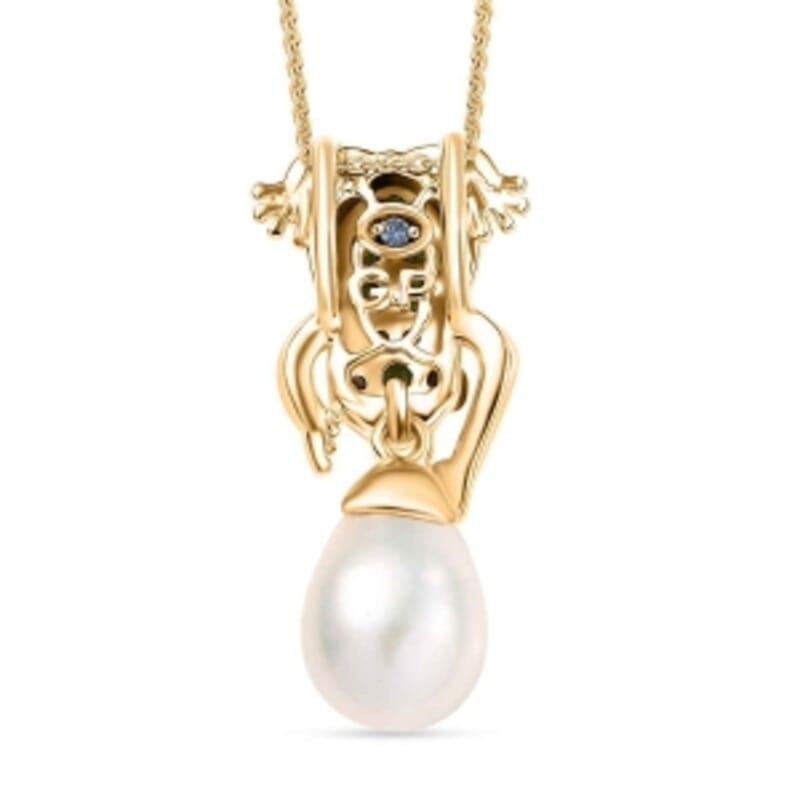 GP Freshwater Pearl and Multi Gemstone 0.56 ctw Pendant Necklace (20 Inches) in 18K Vermeil YG Over Sterling Silver