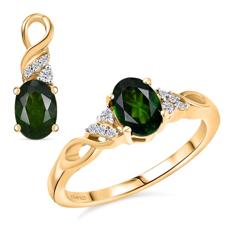 D'Joy Chrome Diopside and White Zircon 1.85 ctw Ring (Size 9.0) and Pendant without Chain in 18K Vermeil Yellow Gold Over Sterling Silver