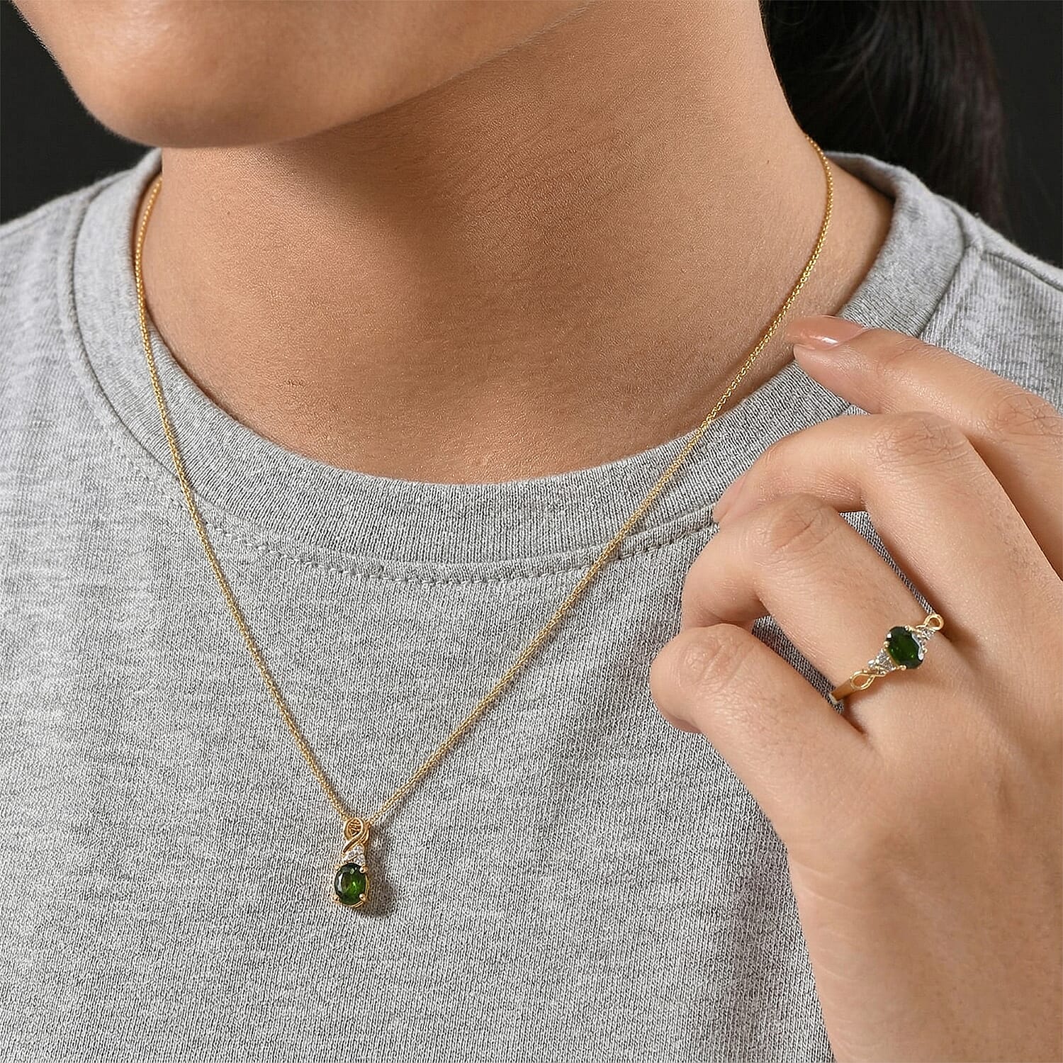 D'Joy Chrome Diopside and White Zircon 1.85 ctw Ring (Size 9.0) and Pendant without Chain in 18K Vermeil Yellow Gold Over Sterling Silver