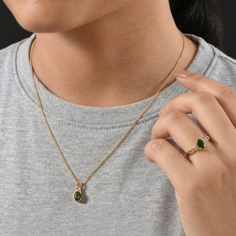 D'Joy Chrome Diopside and White Zircon 1.85 ctw Ring (Size 9.0) and Pendant without Chain in 18K Vermeil Yellow Gold Over Sterling Silver