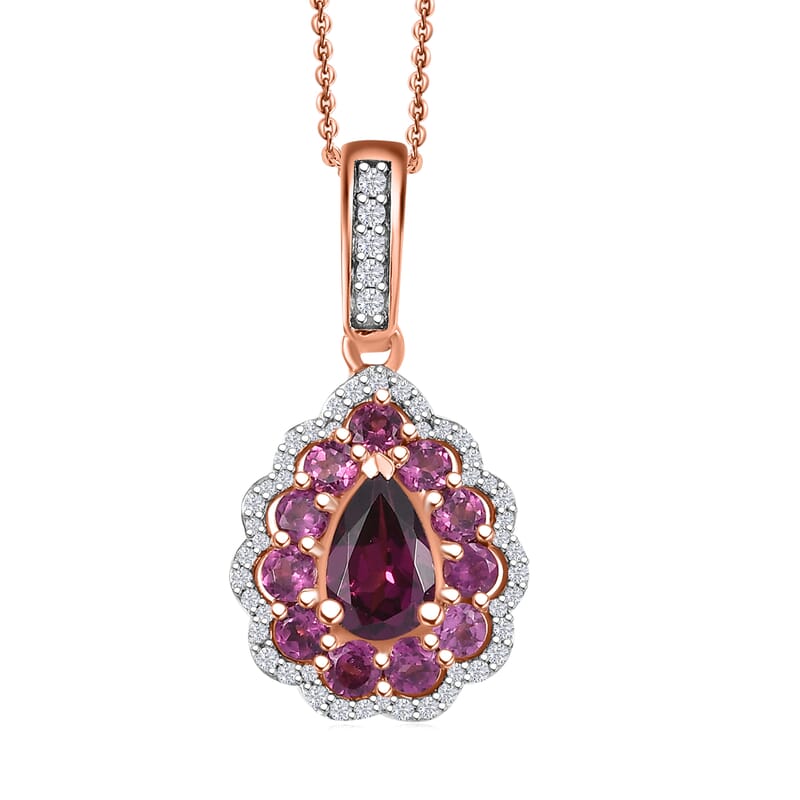 D'Joy AAA Radiant Ember Garnet and White Zircon 2.40 ctw Crown Teardrop Pendant Necklace in 18K Vermeil Rose Gold Over Sterling Silver 20 Inches