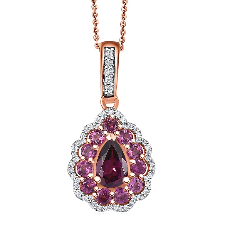 D'Joy AAA Radiant Ember Garnet and White Zircon 2.40 ctw Crown Teardrop Pendant Necklace in 18K Vermeil Rose Gold Over Sterling Silver 20 Inches