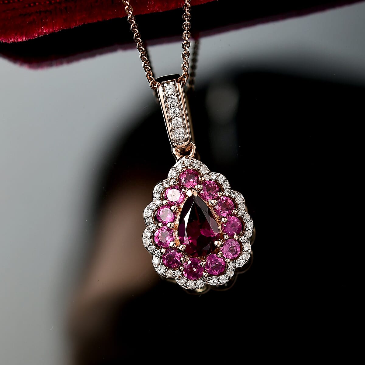 D'Joy AAA Radiant Ember Garnet and White Zircon 2.40 ctw Crown Teardrop Pendant Necklace in 18K Vermeil Rose Gold Over Sterling Silver 20 Inches image number 1
