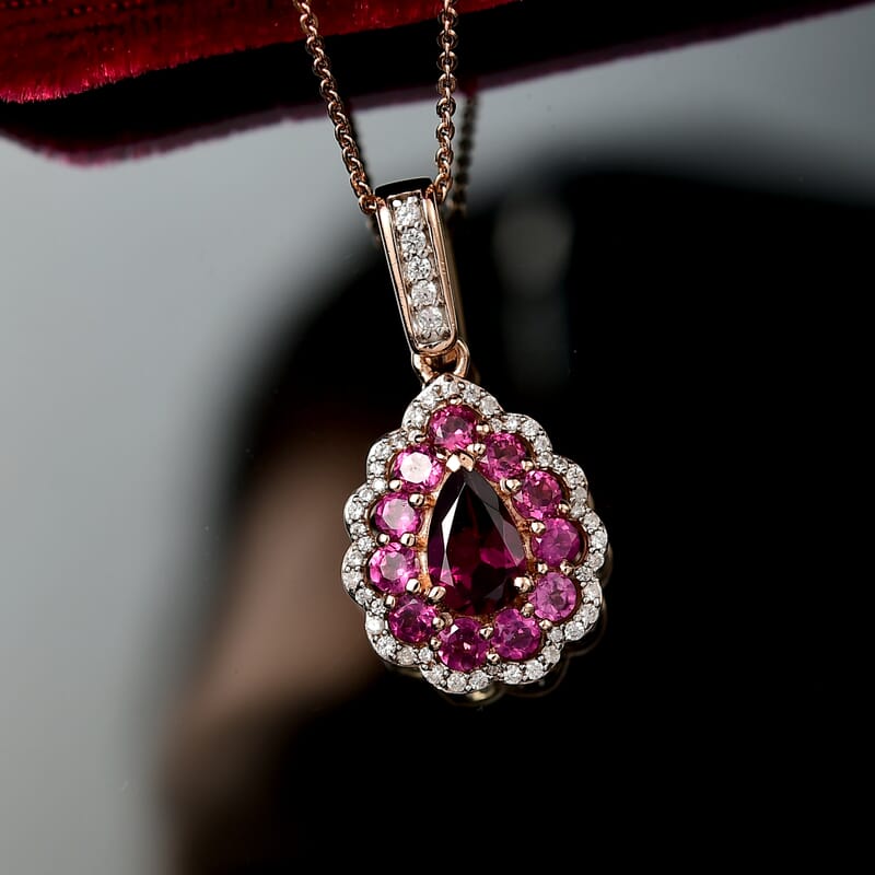D'Joy AAA Radiant Ember Garnet and White Zircon 2.40 ctw Crown Teardrop Pendant Necklace in 18K Vermeil Rose Gold Over Sterling Silver 20 Inches