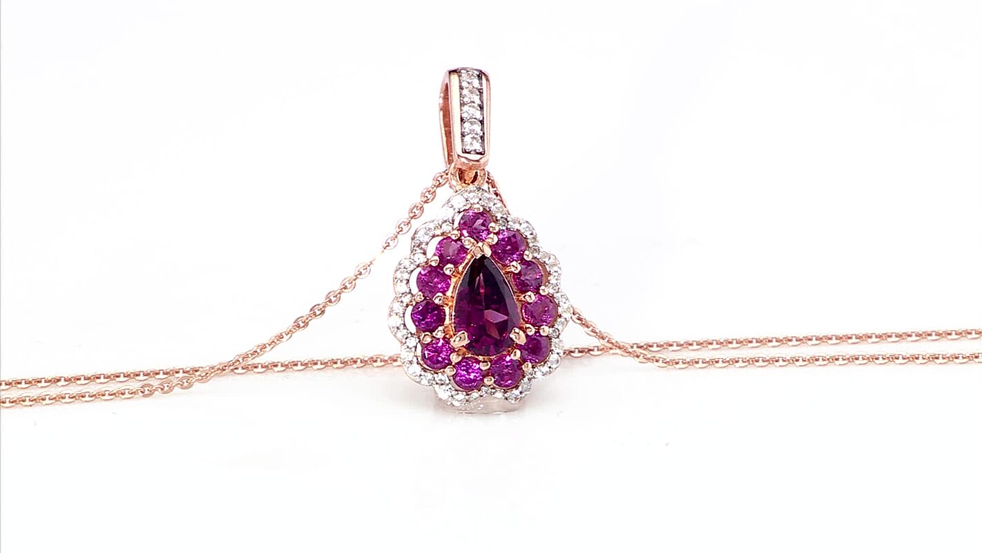 D'Joy AAA Radiant Ember Garnet and White Zircon 2.40 ctw Crown Teardrop Pendant Necklace in 18K Vermeil Rose Gold Over Sterling Silver 20 Inches