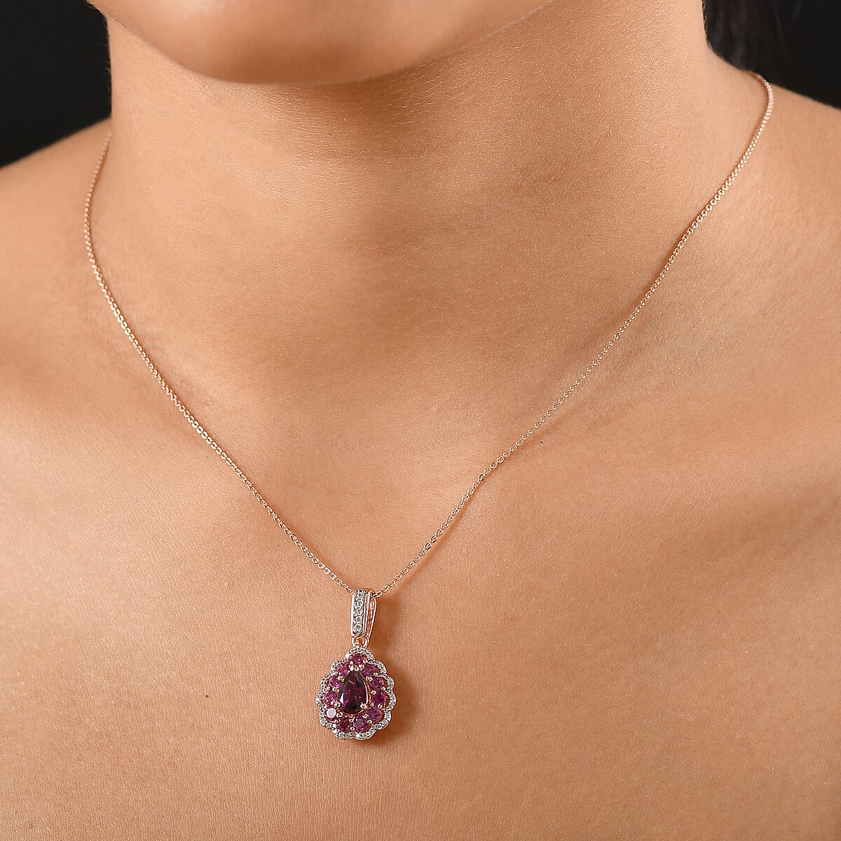 D'Joy AAA Radiant Ember Garnet and White Zircon 2.40 ctw Crown Teardrop Pendant Necklace in 18K Vermeil Rose Gold Over Sterling Silver 20 Inches image number 2