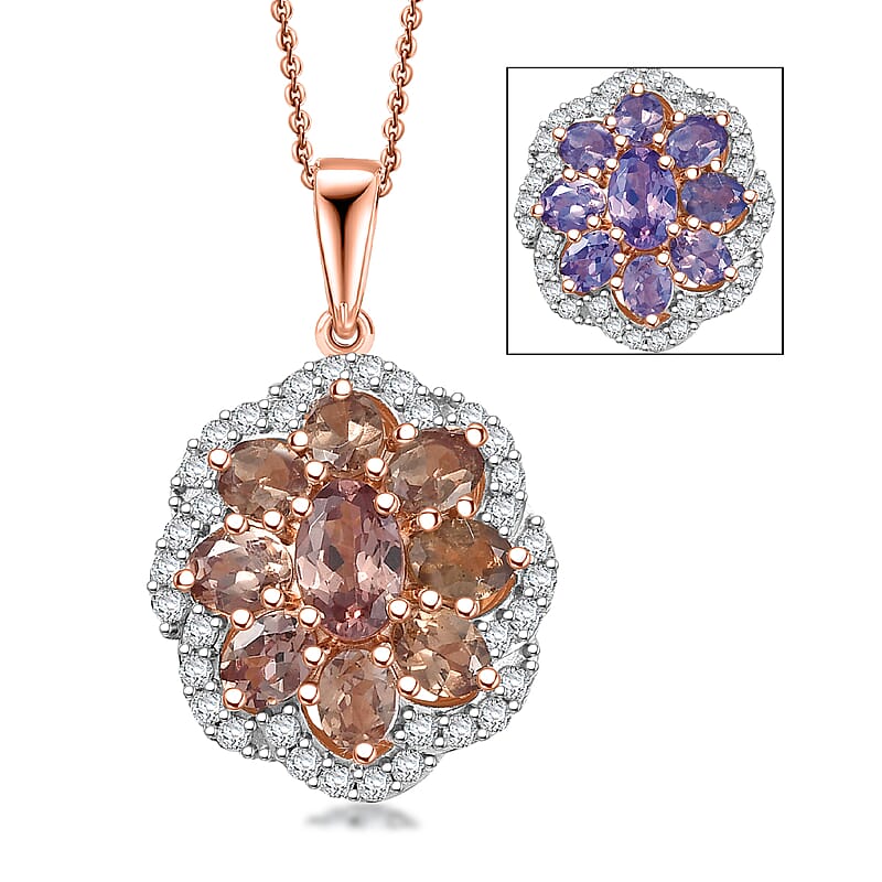 D'Joy Madagascar Color Change Garnet and Moissanite 1.10 ctw Imperial Bloom Pendant Necklace in 18K Vermeil Rose Gold Over Sterling Silver 20 Inches