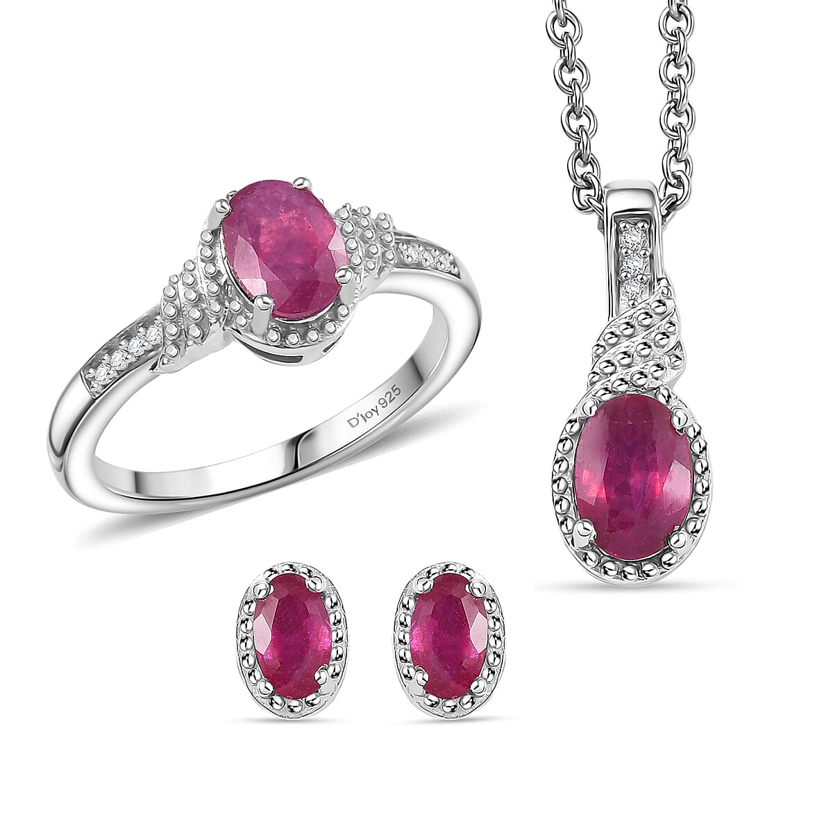 D'Joy Niassa Ruby (FF), White Zircon 3.10 ctw Sea Waves Stud Earrings, Ring (Size 6) and Pendant Necklace 20 Inches in Rhodium Over Sterling Silver  image number 0