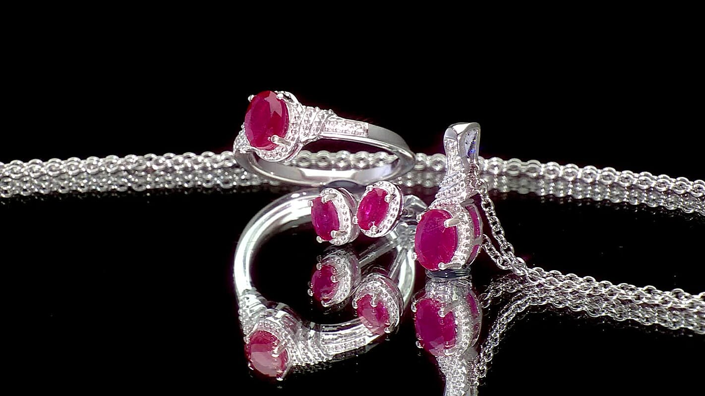 TLV 3 Piece Set - D'Joy Niassa Ruby (FF), White Zircon Stud Earrings, Ring (Size 5) and Pendant Necklace (20 Inches) in Rhodium Over Sterling Silver 3.10 ctw