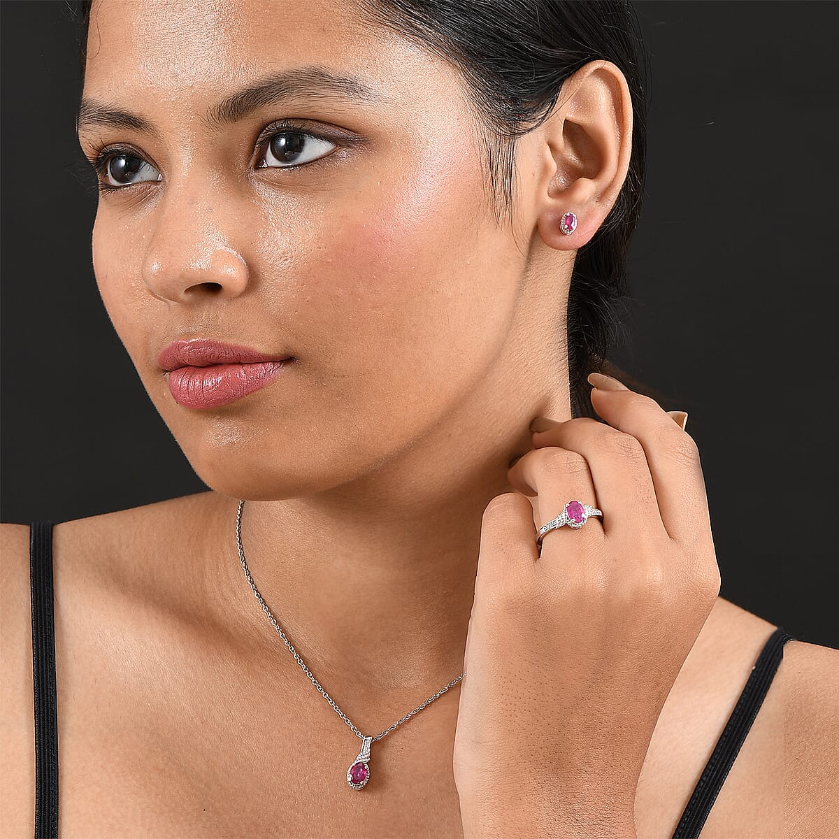 D'Joy Niassa Ruby (FF), White Zircon 3.10 ctw Sea Waves Stud Earrings, Ring (Size 7) and Pendant Necklace 20 Inches in Rhodium Over Sterling Silver  image number 3