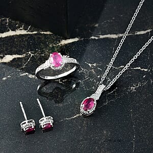 D'Joy Niassa Ruby (FF), White Zircon 3.10 ctw Sea Waves Stud Earrings, Ring (Size 9) and Pendant Necklace 20 Inches in Rhodium Over Sterling Silver 