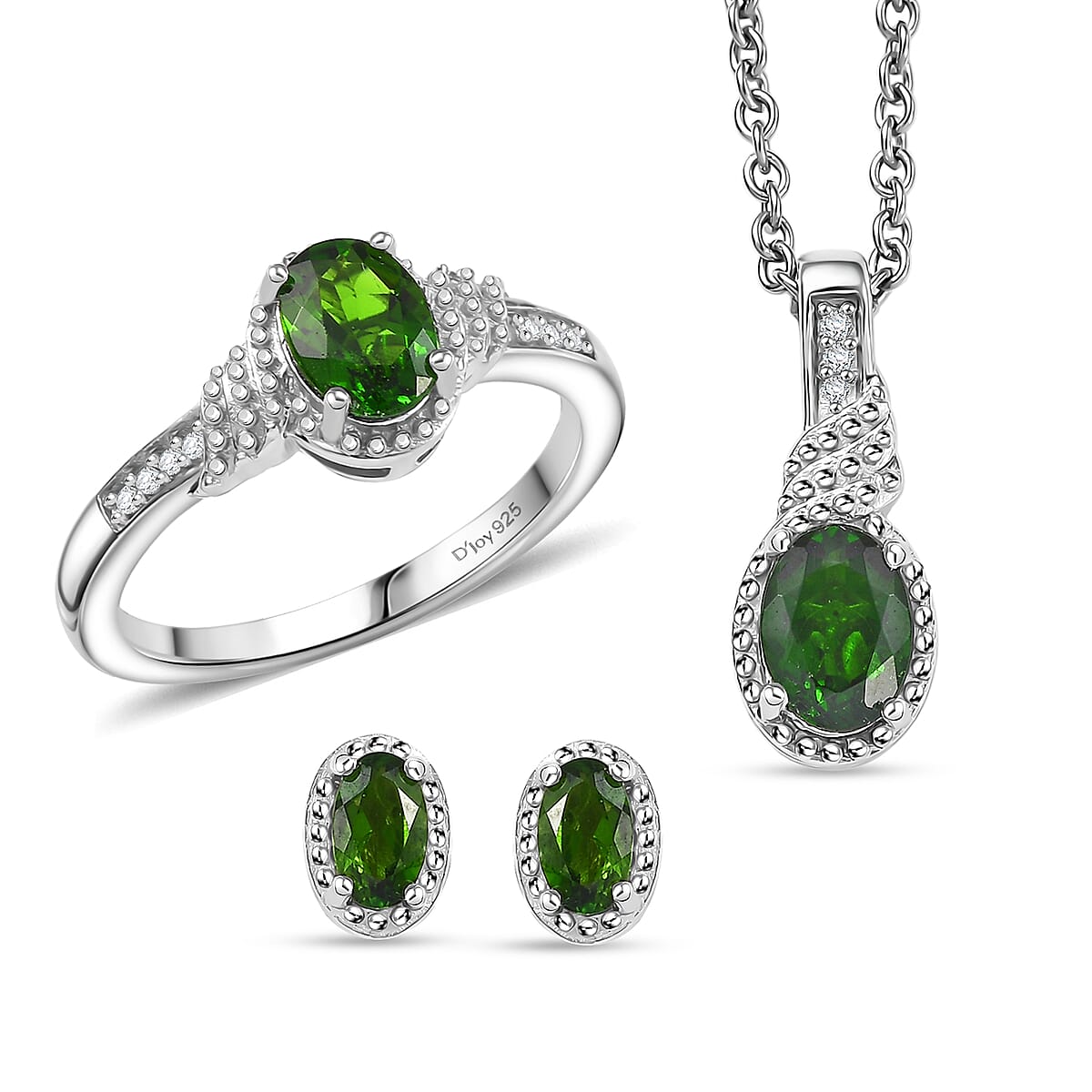 D'Joy Chrome Diopside, White Zircon 2.20 ctw Sea Waves Stud Earrings, Ring (Size 5) and Pendant Necklace 20 Inches in Rhodium Over Sterling Silver  image number 0