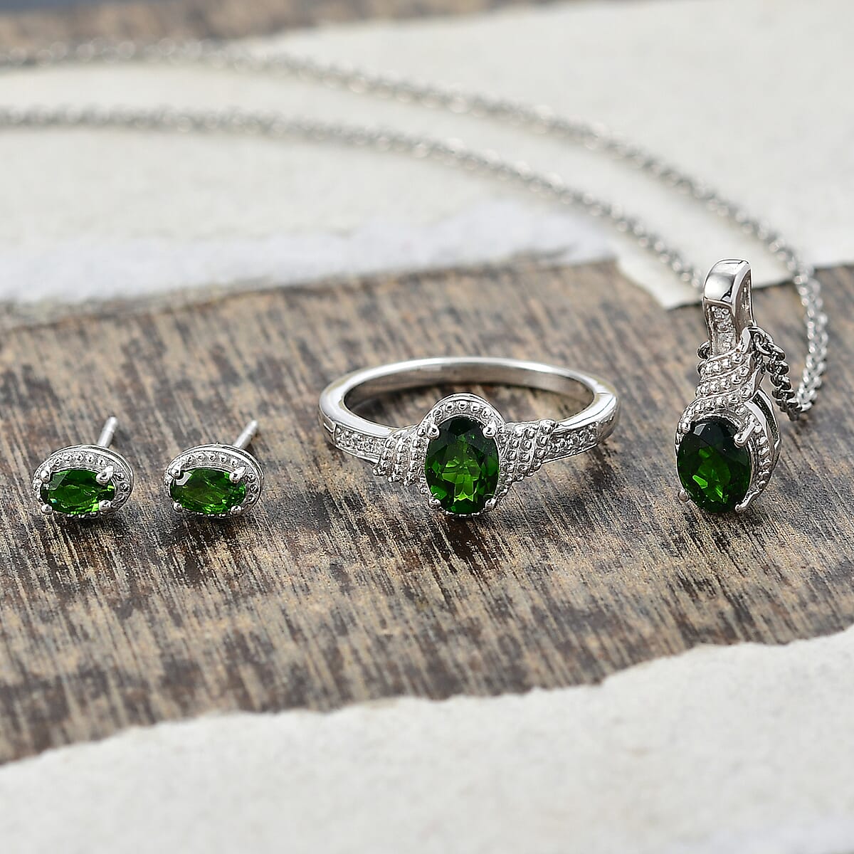 D'Joy Chrome Diopside, White Zircon 2.20 ctw Sea Waves Stud Earrings, Ring (Size 8) and Pendant Necklace 20 Inches in Rhodium Over Sterling Silver  image number 1