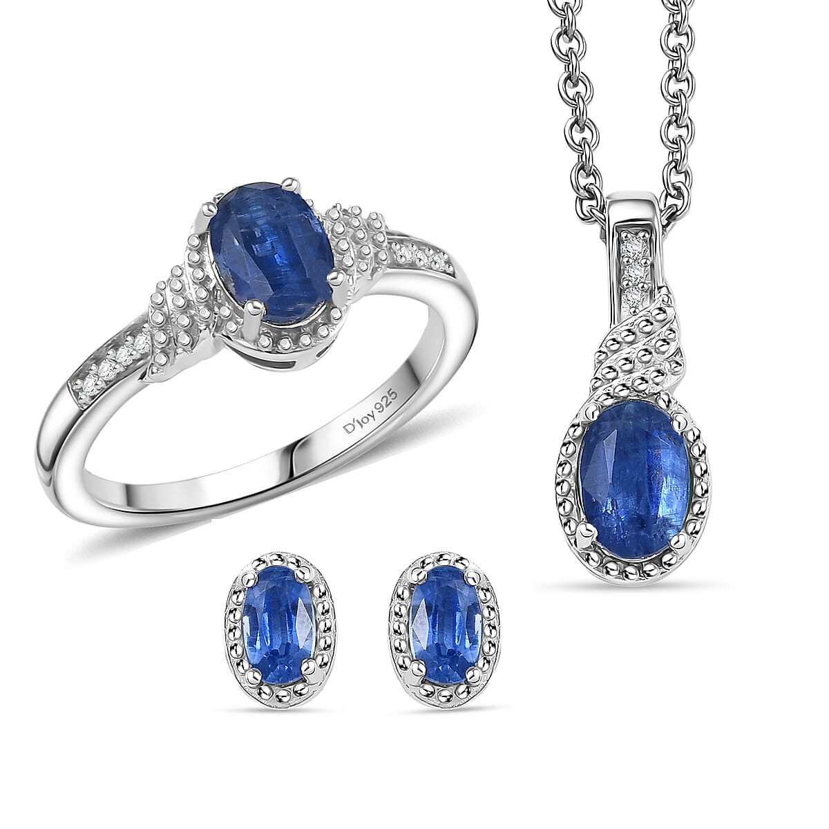 D'Joy Kashmir Kyanite, White Zircon 3.15 ctw Sea Waves Stud Earrings, Ring (Size 6) and Pendant Necklace 20 Inches in Rhodium Over Sterling Silver  image number 0