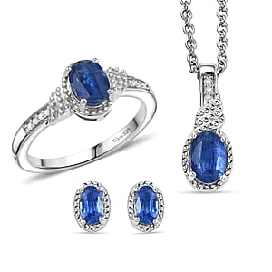 D'Joy Kashmir Kyanite, White Zircon 3.15 ctw Sea Waves Stud Earrings, Ring (Size 7) and Pendant Necklace 20 Inches in Rhodium Over Sterling Silver 
