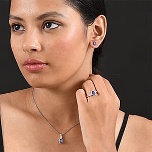 D'Joy Kashmir Kyanite, White Zircon 3.15 ctw Sea Waves Stud Earrings, Ring (Size 7) and Pendant Necklace 20 Inches in Rhodium Over Sterling Silver 