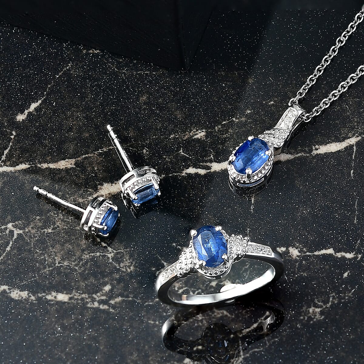 D'Joy Kashmir Kyanite, White Zircon 3.15 ctw Sea Waves Stud Earrings, Ring (Size 9) and Pendant Necklace 20 Inches in Rhodium Over Sterling Silver  image number 1