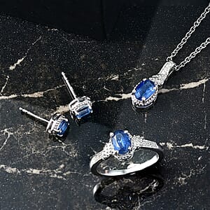 D'Joy Kashmir Kyanite, White Zircon 3.15 ctw Sea Waves Stud Earrings, Ring (Size 9) and Pendant Necklace 20 Inches in Rhodium Over Sterling Silver 